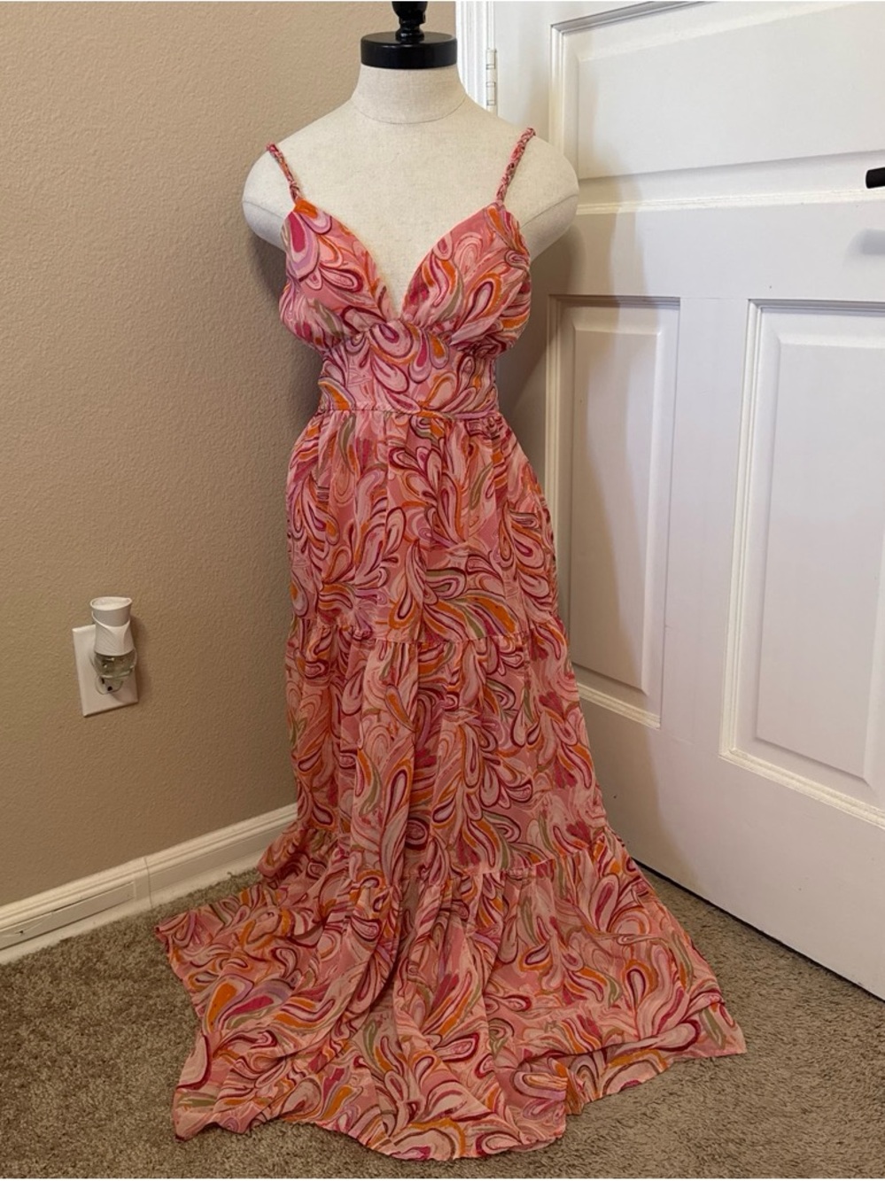 Jessica Simpson Pink & Orange Swirl Maxi Dress with Spaghetti Straps